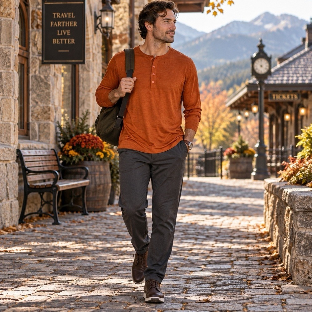 Wool & Prince Signature 160 Long Sleeve Henley L Terracotta Merino Wool Blend